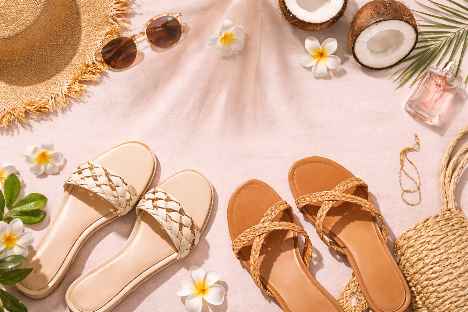 accesorios de verano sobre fondo rosa